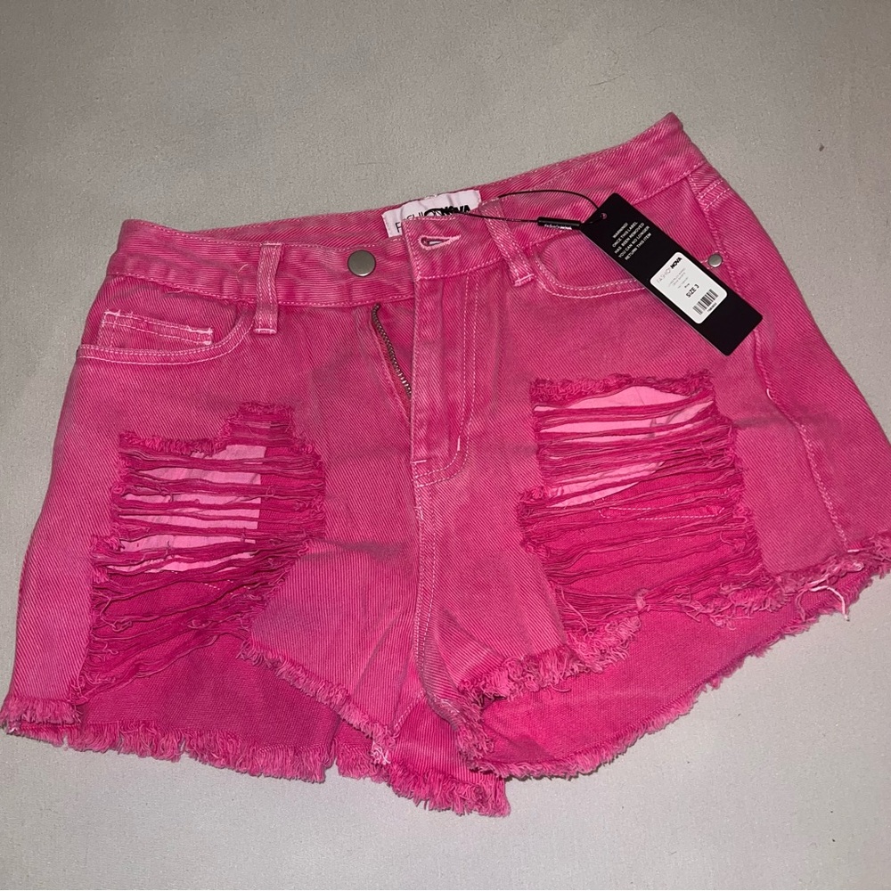 Trendy Pink Distressed Denim Shorts